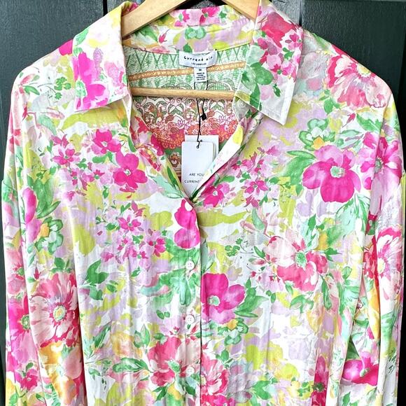 NWT Current Air Sz M Preppy Floral Matte Satin Blouse w/ Contrast Trim Summer - Picture 1 of 7